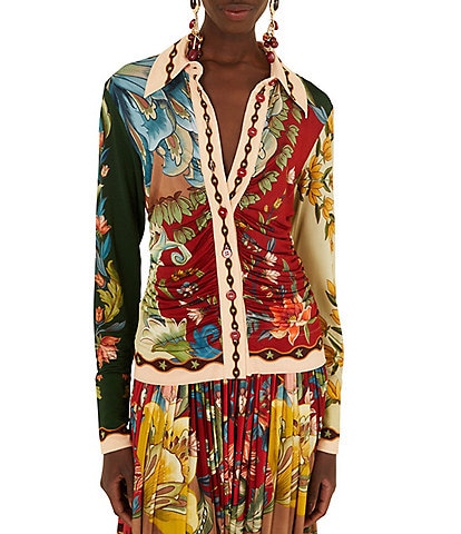 Farm Rio Lunar Boho Multicolor Printed Collared Long Sleeve Button Front Jersey Blouse
