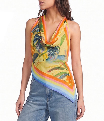 Farm Rio Multicolor Rainbow Summer Cowl Neck Sleeveless Scarf Blouse
