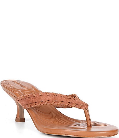 Farm Rio Palm Tree Leather Thong Kitten Heel Sandals