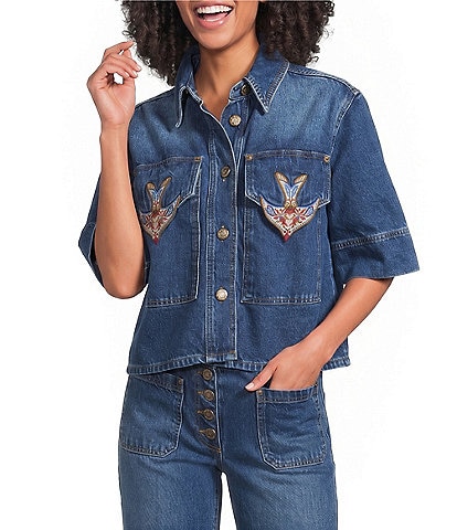 Farm Rio Porcelain Birds Collared Short Sleeve Button Front Coordinating Denim Top
