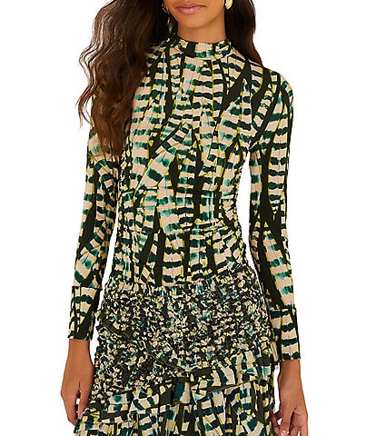Farm Rio Striped Leaves Moss Printed Mock Neck Long Sleeve Coordinating Jersey Top