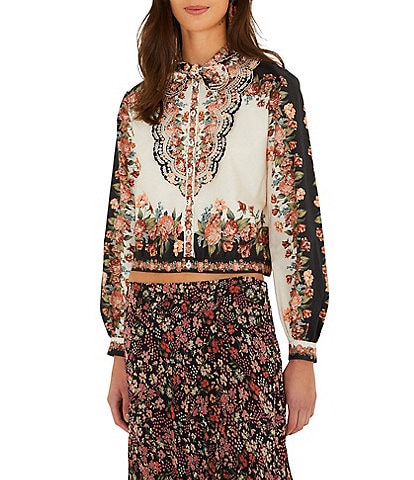 Farm Rio Winter Floral Printed Tie Neck Long Sleeve Button Front Top