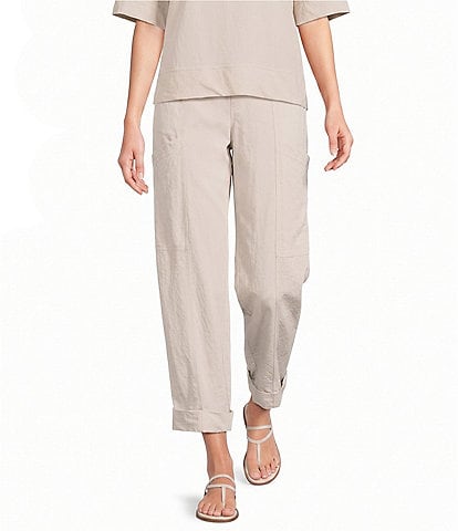 Feather Gray Crinkle Knit Cropped Cargo Barrel Pull-On Pants