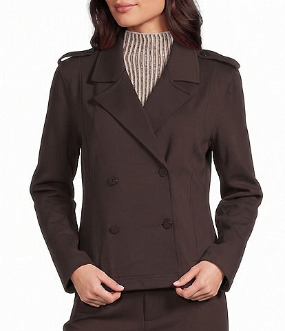 Feather Gray Knit Double Breasted Notch Lapel Long Sleeve Button Front Blazer