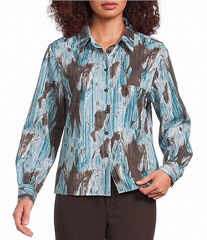 Feather Gray Knit Ink Splash Point Collar Long Sleeve High-Low Button Front Shirt