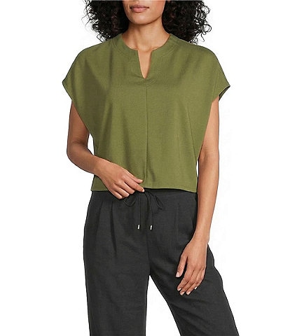 Feather Gray Knit Solid V-Neck Short Dolman Sleeve Top