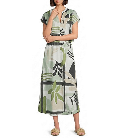 Feather Gray Olive Leafy Graphic Print Twofer Midi Dress