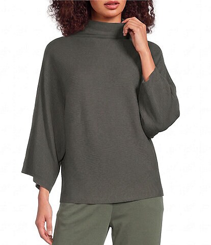 Feather Gray Ribbed Knit Mock Neck 3/4 Dolman Sleeve Sweater