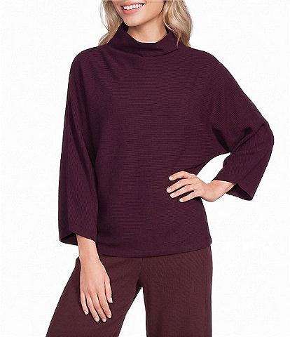 Feather Gray Ribbed Knit Mock Neck 3/4 Dolman Sleeve Sweater