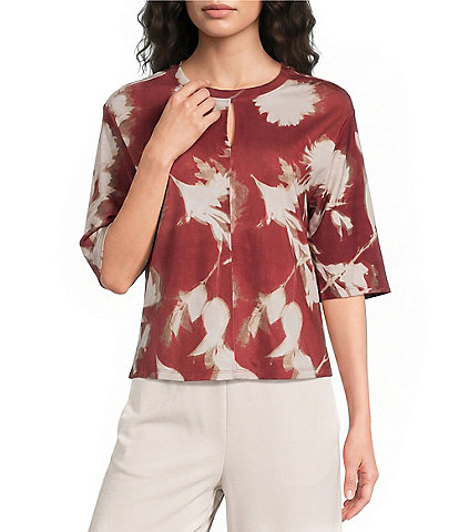 Feather Gray Stretch Knit Printed Crew Neck Elbow Length Sleeve Pullover Top