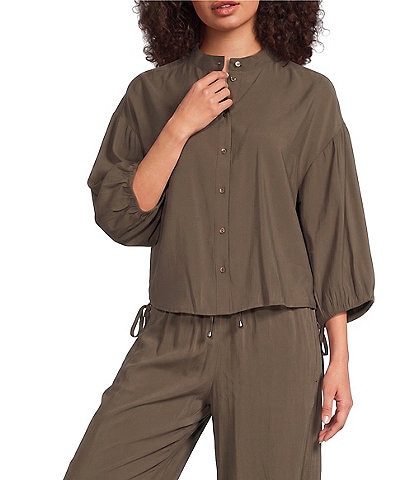 Feather Gray Sueded Luxe Woven Mandarin Collar 3/4 Cinched Cuff Sleeve Button Front Blouse