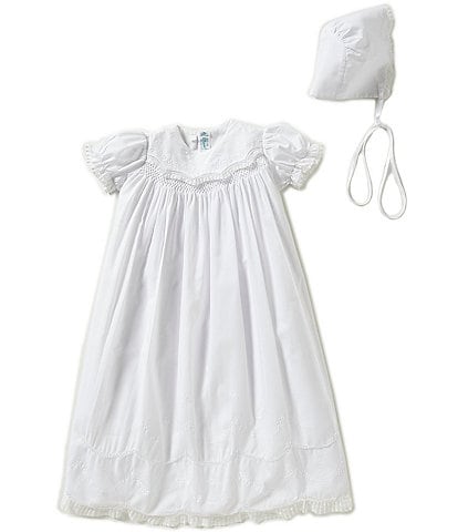 Feltman Brothers Baby Girls Newborn Lace-Detailed Smocked Christening Gown And Hat Set