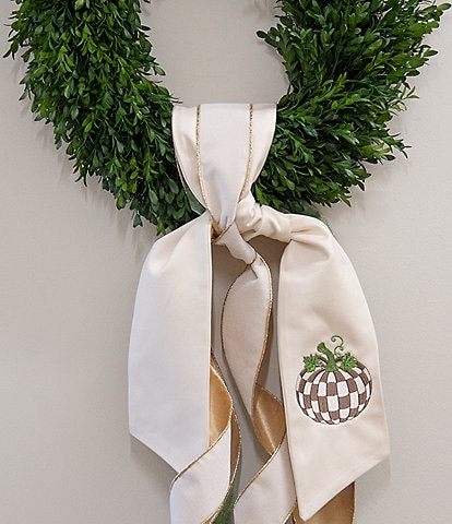 Fig & Dove Checked Taupe Pumpkin Embroidered Wreath Sash