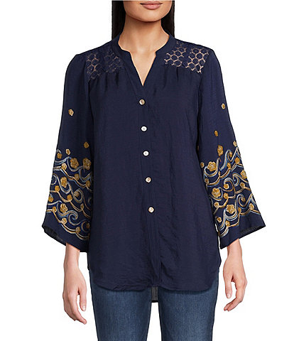 Figueroa & Flower Mandarin Collar Embroidered 3/4 Bell Sleeve Button-Front Blouse