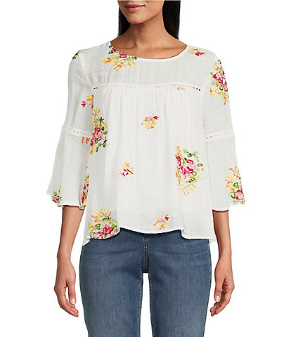 Figueroa & Flower Alba Embroidered Front Yoke 3/4 Bell Sleeve Peasant Blouse