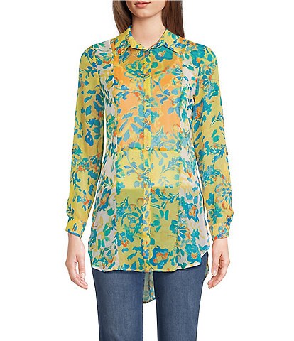 Figueroa & Flower Cosmo Watercolor Floral Print Point Collar Roll-Tab Sleeve Button Down High-Low Top