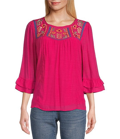 Figueroa & Flower Embroidered Crew Neck 3/4 Double Ruffle Sleeve Blouse