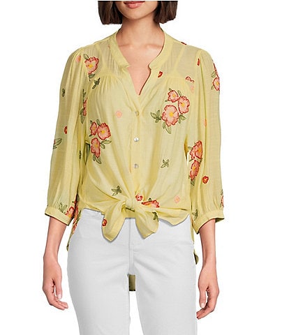Figueroa & Flower Embroidered Floral Mandarin Collar 3/4 Sleeve Button-Front Blouse