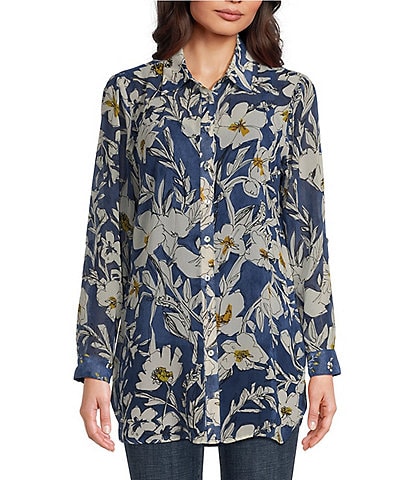 Figueroa & Flower Embroidered Floral Point Collar Elbow Tie Sleeve Button-Front Blouse