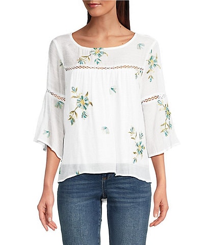 Figueroa & Flower Embroidered Scoop Neck 3/4 Sleeve Blouse