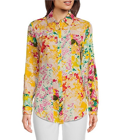 Figueroa & Flower Floral Print Collared Button Front Roll Tab Long Sleeve Top
