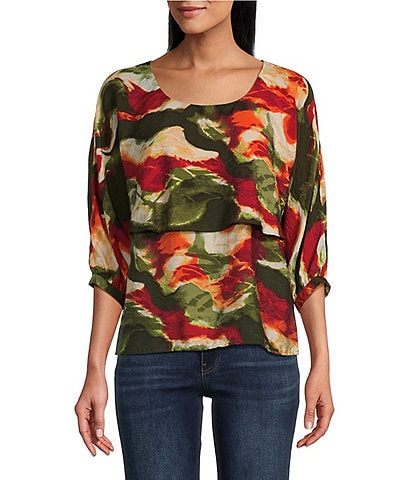 Figueroa & Flower Glenn Tie Dye Print 3/4 Sleeve Double Layer Popover Blouse