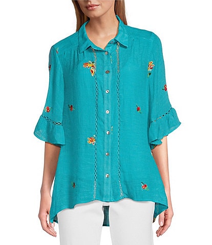 Figueroa & Flower Hanna Floral Embroidered Short Sleeve Button Down Blouse