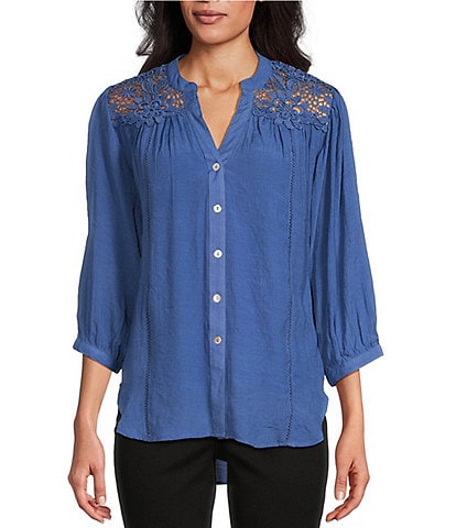 Ming Wang Lace Trim 3/4 Sleeve Mandarin Collar Shirt