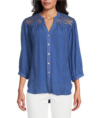 Figueroa & Flower Solid Peasant Lace Yoke 3/4 Sleeve Blouse 