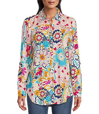 Figueroa & Flower Patchwork Print Point Collar Roll-Tab Sleeve Button-Down Blouse