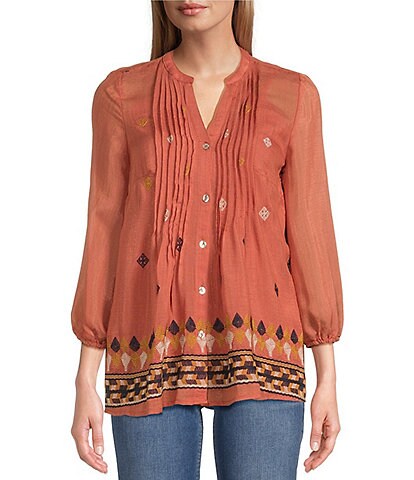 Figueroa & Flower Petite Size Alayna Embroidered Banded Y-Neck 3/4 Sleeve Pleated Button Front Top