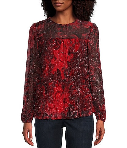 Figueroa & Flower Petite Size Antonia Woven Floral Print Crew Neck Long Peasant Sleeve Shimmer Top