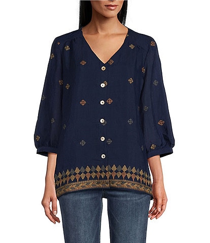 Figueroa & Flower Petite Size Embroidered Gauze V-Neck 3/4 Sleeve Button-Front Blouse