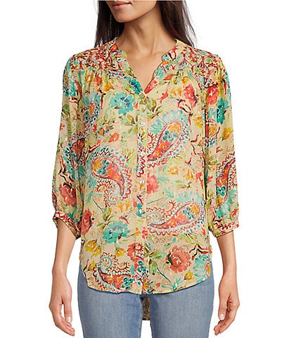 Figueroa & Flower Petite Size Floral Paisley Print Banded Collar 3/4 Sleeve Peasant Blouse