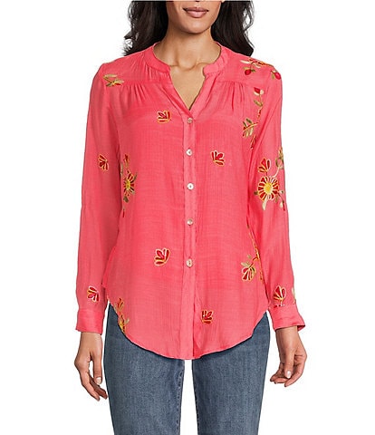 Figueroa & Flower Petite Size Roxy Floral Embroidery Band Split V-Neck Roll-Tab Sleeve Button Down Shirt