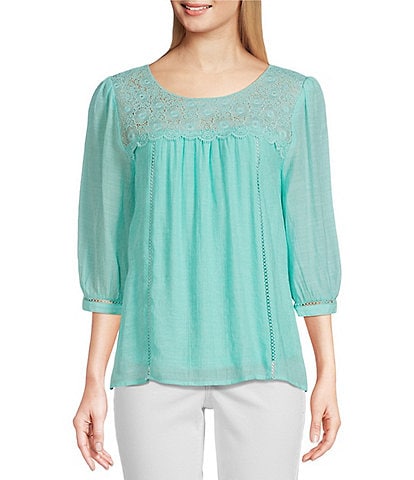 Figueroa & Flower Petite Size Scoop Neck 3/4 Sleeve Lace Yoke Blouse