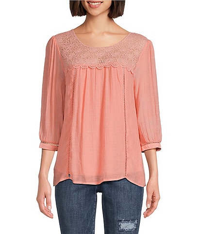 Figueroa & Flower Petite Size Scoop Neck 3/4 Sleeve Lace Yoke Blouse
