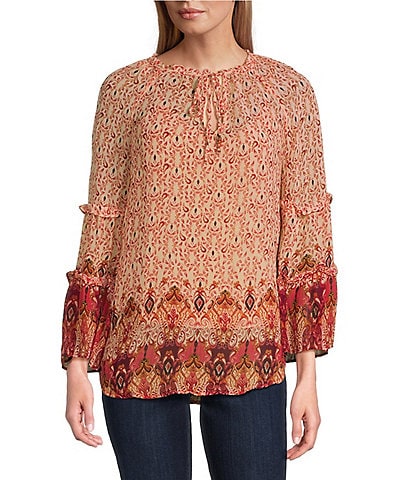 Figueroa & Flower Petite Size Woven Border Print Ruffle Split V-Neck 3/4 Sleeve Peasant Blouse