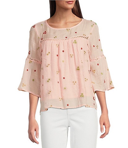 Figueroa & Flower Petite Size Woven Embroidered Pintuck Detail Scoop Neck 3/4 Sleeve Blouse
