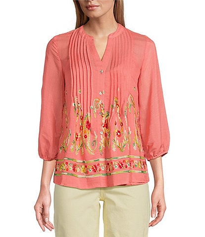 Figueroa & Flower Petite Size Woven Embroidery Band V-Neck Long Sleeve Pintuck Detail Button-Front Shirt