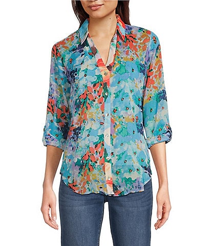 Figueroa & Flower Petite Size Woven Floral Point Collar Long Roll-Tab Sleeve Button-Front Shirt