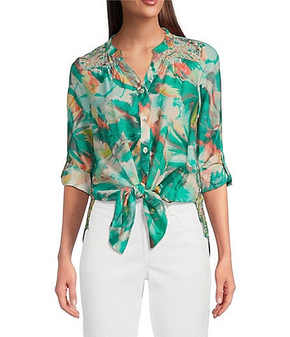 Figueroa & Flower Petite Size Woven Floral Y-Collar Long Roll-Tab Sleeve Button-Front Blouse