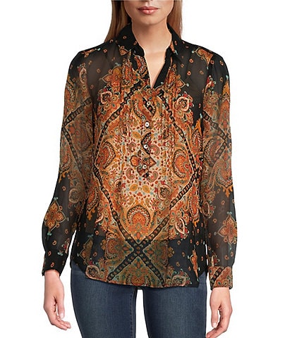 Figueroa & Flower Petite Size Woven Tile Print Pintuck Detail Collared Long Roll-Tab Sleeve Blouse