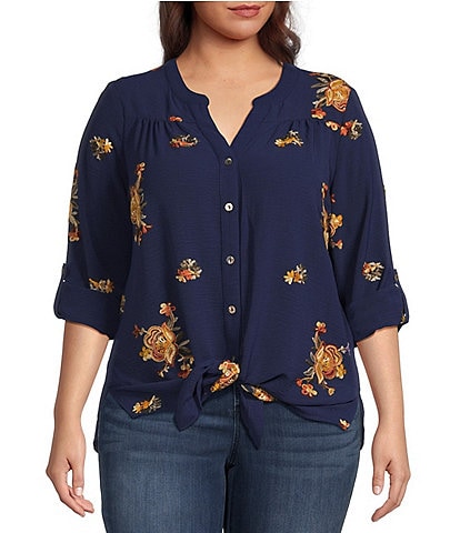 Figueroa & Flower Plus Floral Embroidered Mandarin Collar Long Sleeve Button Front Blouse