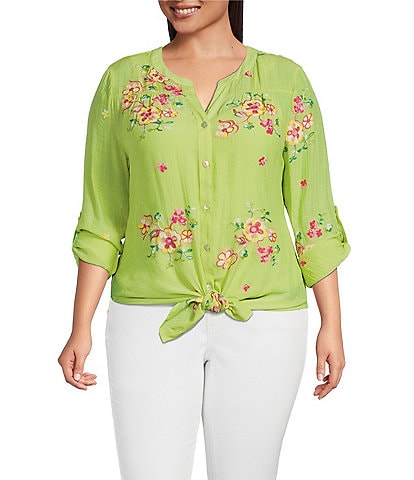 Figueroa & Flower Plus Size Floral Embroidery Banded Split Round Neck Long Roll-Tab Sleeve Tie Front Top