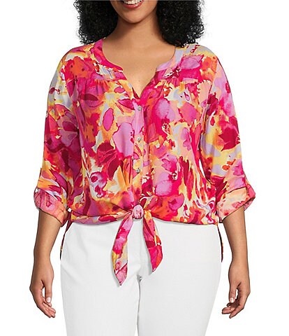 Figueroa & Flower Plus Size Roxy Floral Print Banded V-Neck Long Roll-Tab Sleeve Tie Button Front Top