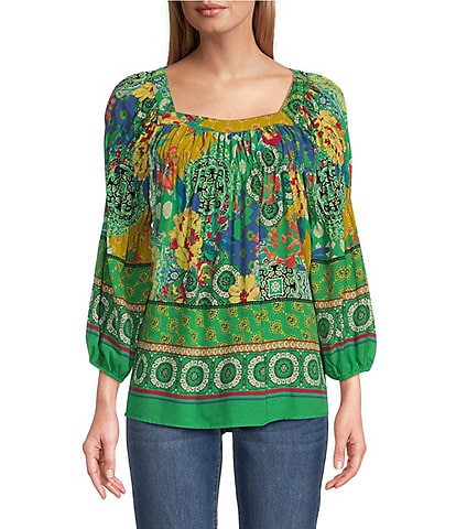 Figueroa & Flower Printed Square Neck 3/4 Sleeve Peasant Blouse