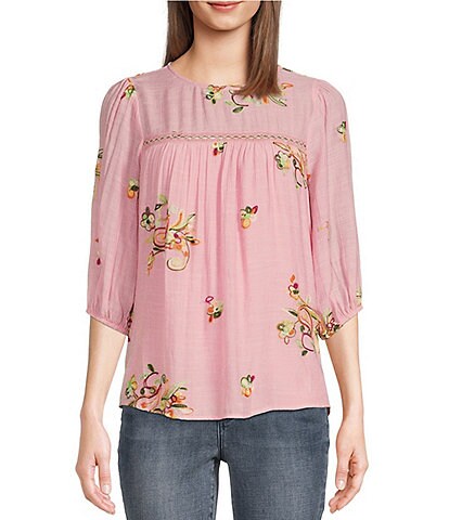 Figueroa & Flower Que Floral Embroidered 3/4 Balloon Sleeve Popover Top
