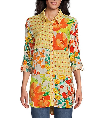 Figueroa & Flower River Patchwork Print Roll-Tab Sleeve Button-Down Mixed Media Blouse