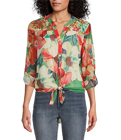 Figueroa & Flower Roxy Floral Print Banded V-Neck Long Roll-Tab Sleeve Tie Button Front Top